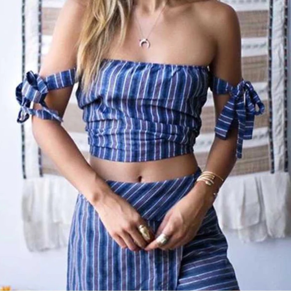 Aus Brand Morrisday The Label Linen Stripes Tie Straps Off Shoulder Top in Navy
